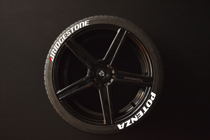 Bridgestone Potenza white tire stickers installed on tire