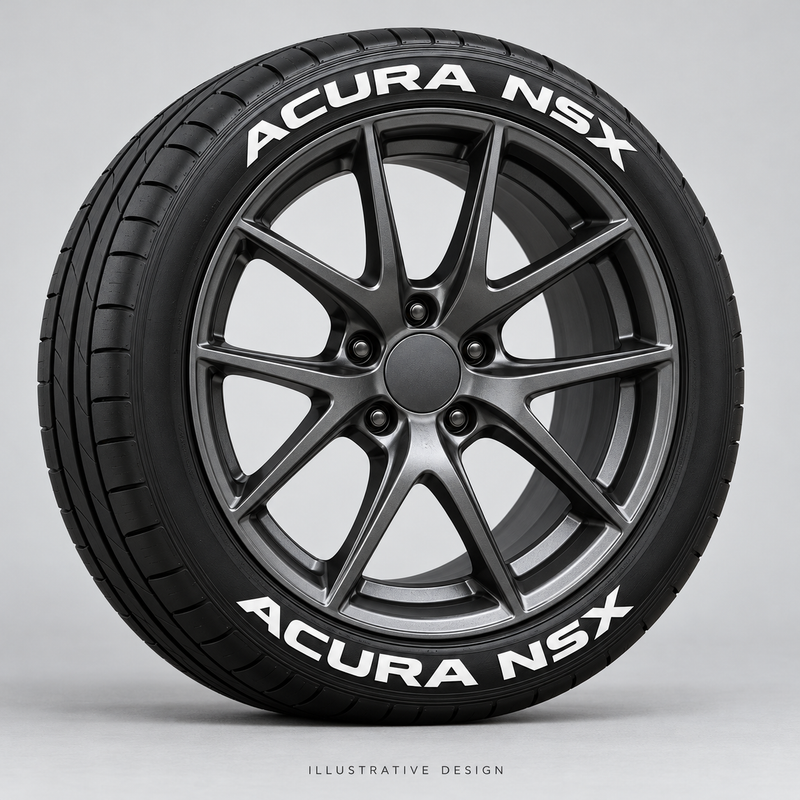 Illustrative ACURA NSX tire lettering mockup; not an actual installation photograph.
