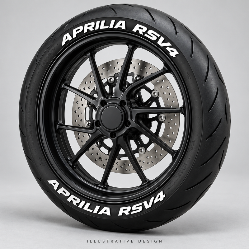 Illustrative APRILIA RSV4 tire lettering mockup; not an actual installation photograph.
