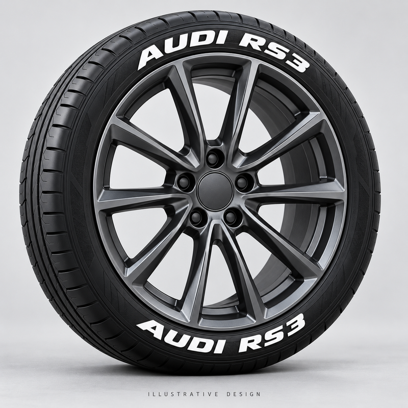 Illustrative AUDI RS3 tire lettering mockup; not an actual installation photograph.