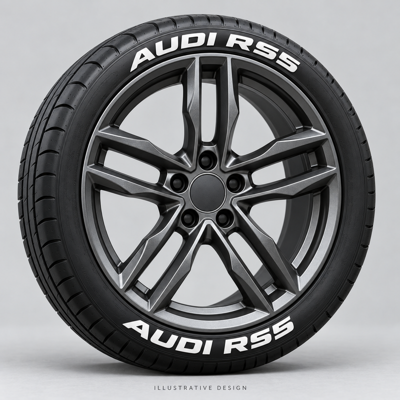 Illustrative AUDI RS5 tire lettering mockup; not an actual installation photograph.