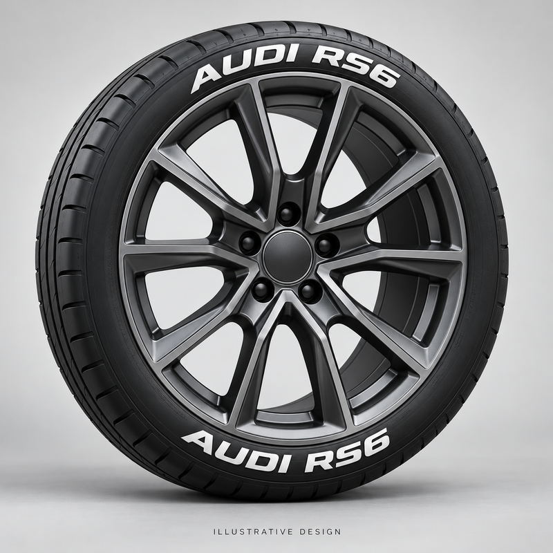 Illustrative AUDI RS6 tire lettering mockup; not an actual installation photograph.