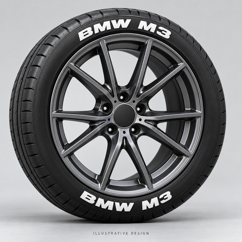 Illustrative BMW M3 tire lettering mockup; not an actual installation photograph.