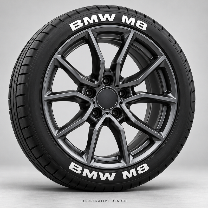 Illustrative BMW M8 tire lettering mockup; not an actual installation photograph.