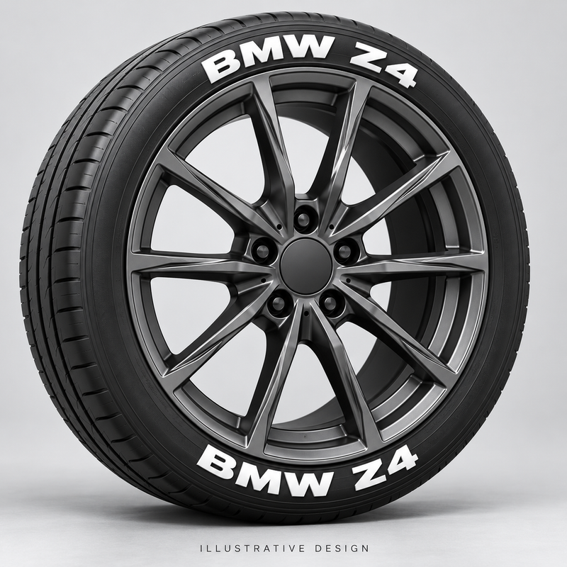 Illustrative BMW Z4 tire lettering mockup; not an actual installation photograph.