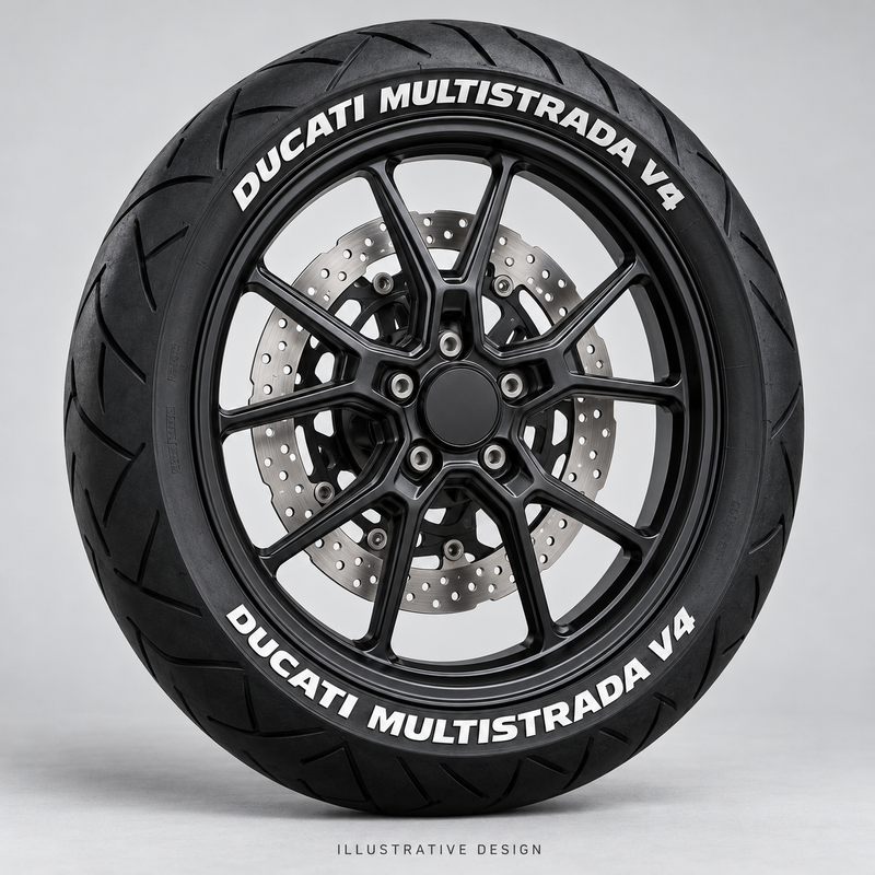 Illustrative DUCATI MULTISTRADA V4 tire lettering mockup; not an actual installation photograph.