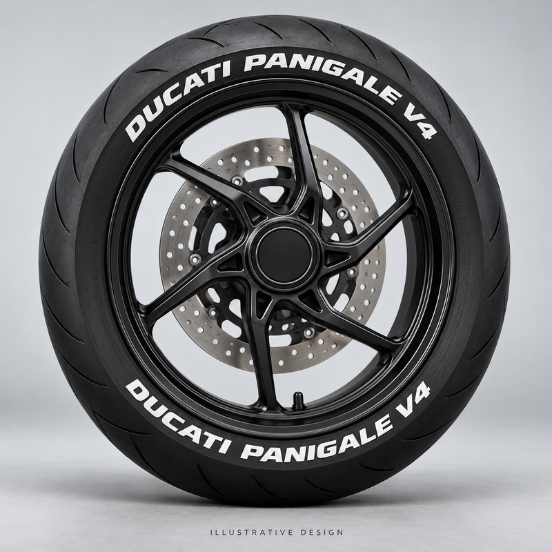Illustrative DUCATI PANIGALE V4 tire lettering mockup; not an actual installation photograph.