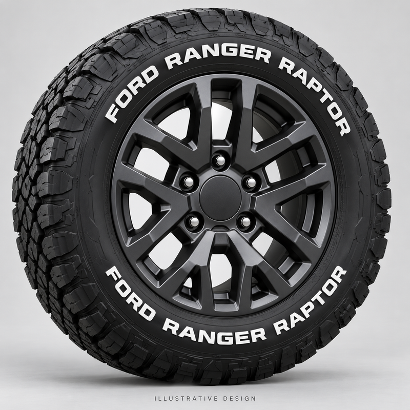 Illustrative FORD RANGER RAPTOR tire lettering mockup; not an actual installation photograph.