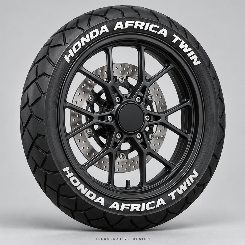 Illustrative HONDA AFRICA TWIN tire lettering mockup; not an actual installation photograph.
