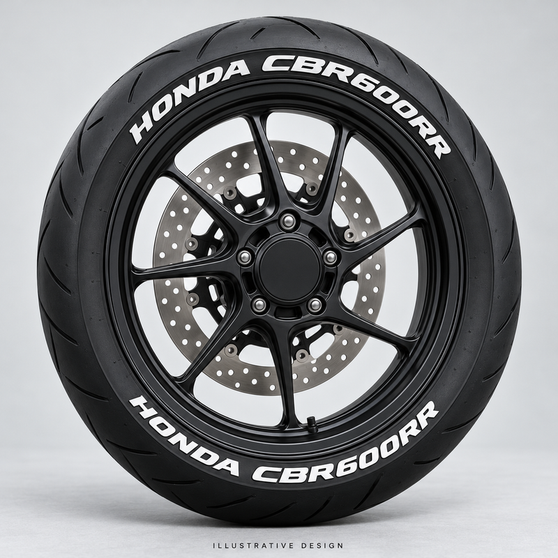 Illustrative HONDA CBR600RR tire lettering mockup; not an actual installation photograph.