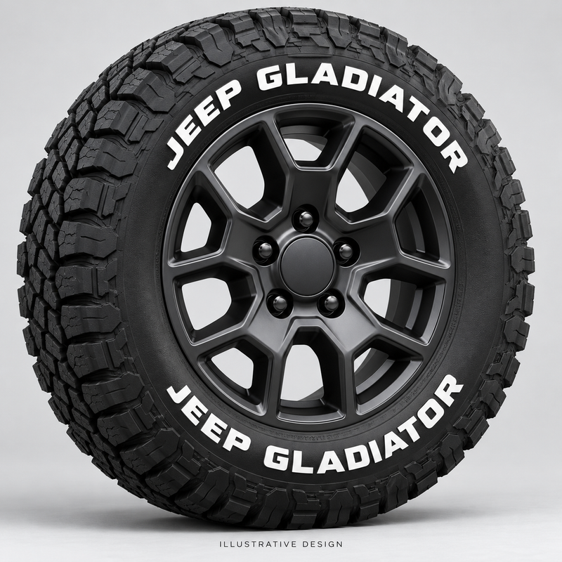 Illustrative JEEP GLADIATOR tire lettering mockup; not an actual installation photograph.