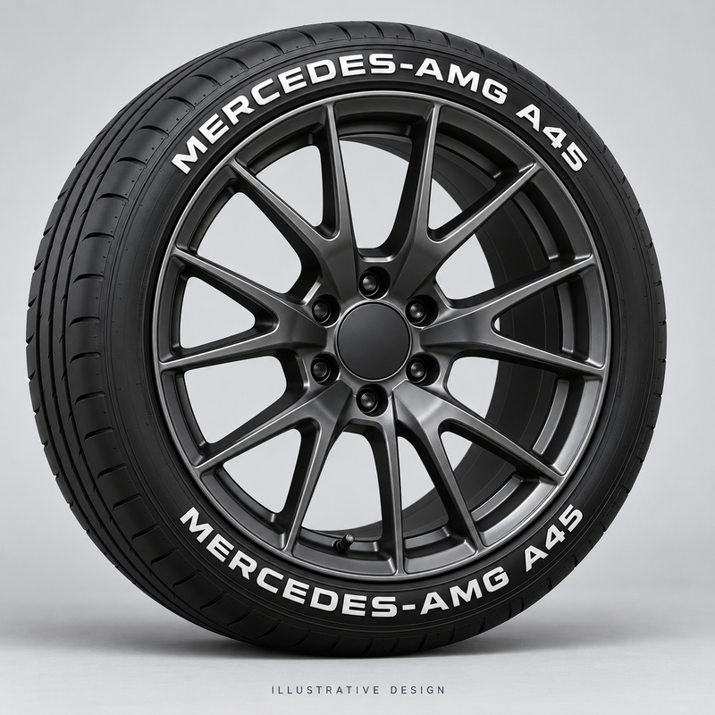 Illustrative MERCEDES-AMG A45 tire lettering mockup; not an actual installation photograph.