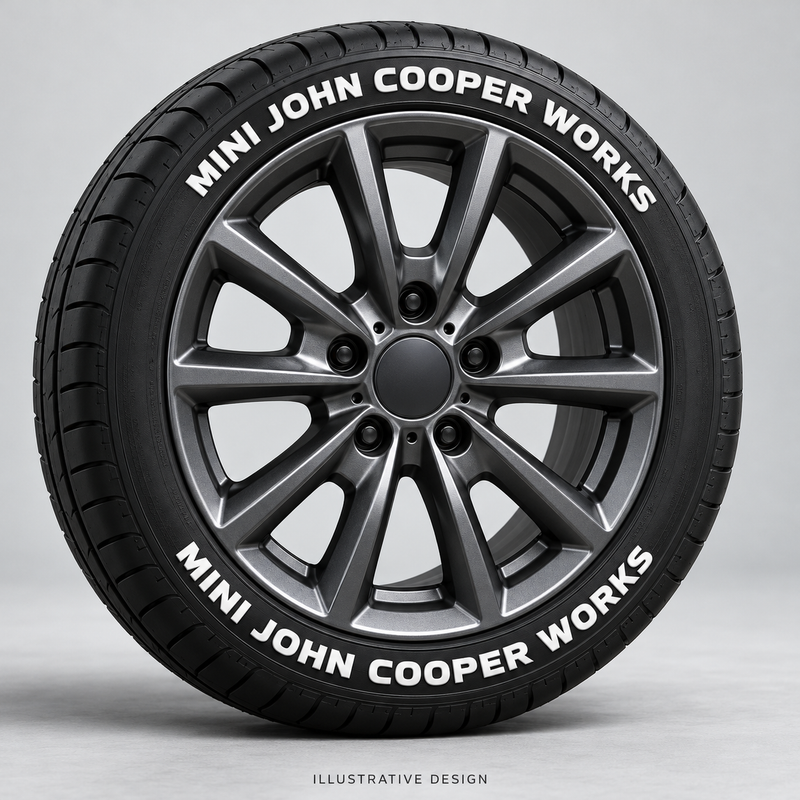 Illustrative MINI JOHN COOPER WORKS tire lettering mockup; not an actual installation photograph.