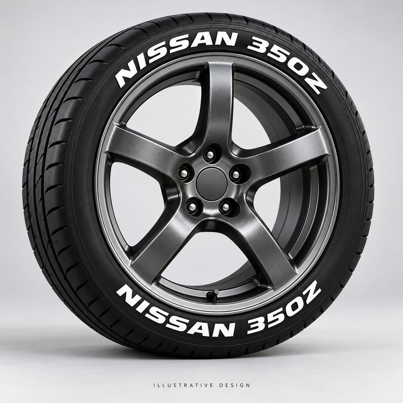 Illustrative NISSAN 350Z tire lettering mockup; not an actual installation photograph.