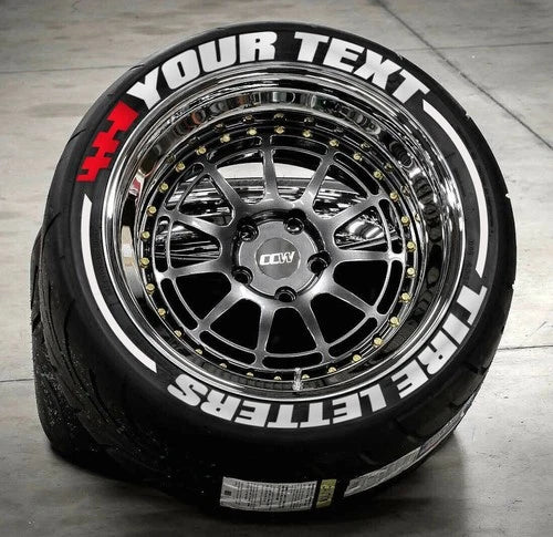Custom Text Tire Stickers shown on a tire or vehicle wheel