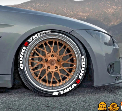 Good Vibes Tire Stickers shown on a tire or vehicle wheel