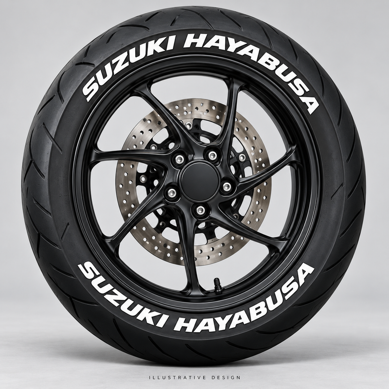 Illustrative SUZUKI HAYABUSA tire lettering mockup; not an actual installation photograph.