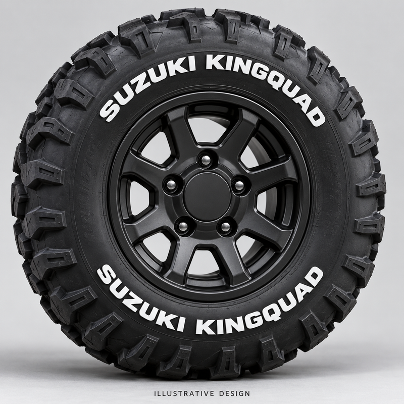 Illustrative SUZUKI KINGQUAD tire lettering mockup; not an actual installation photograph.