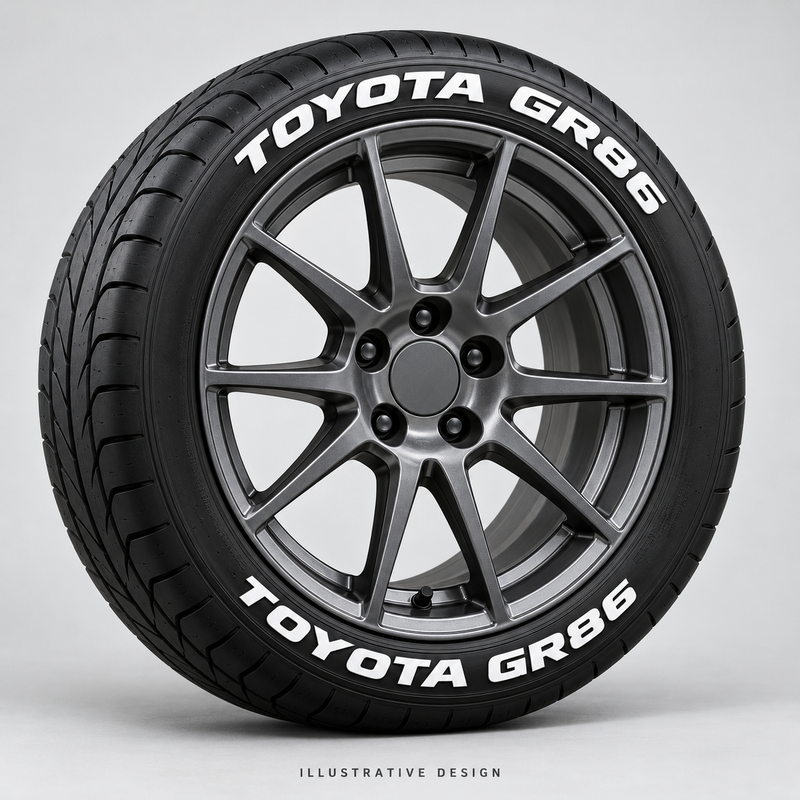 Illustrative TOYOTA GR86 tire lettering mockup; not an actual installation photograph.
