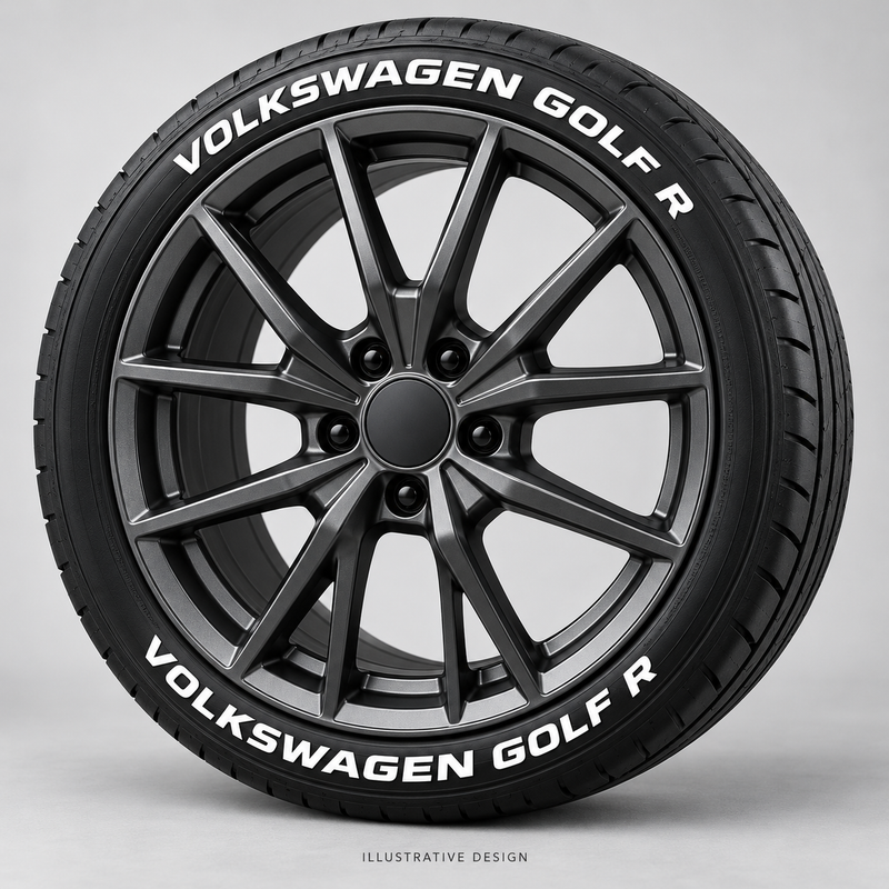 Illustrative VOLKSWAGEN GOLF R tire lettering mockup; not an actual installation photograph.