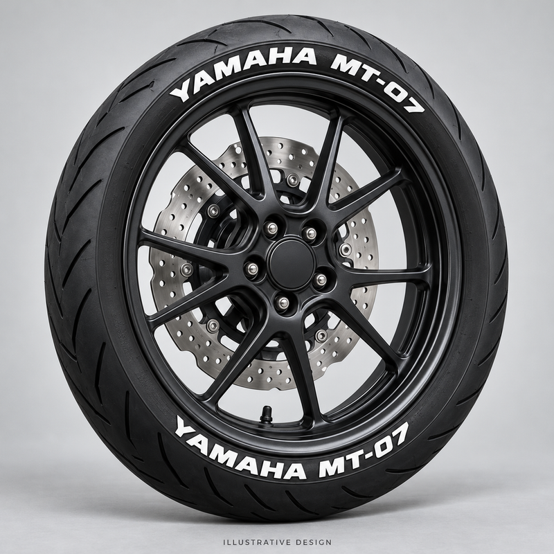 Illustrative YAMAHA MT-07 tire lettering mockup; not an actual installation photograph.
