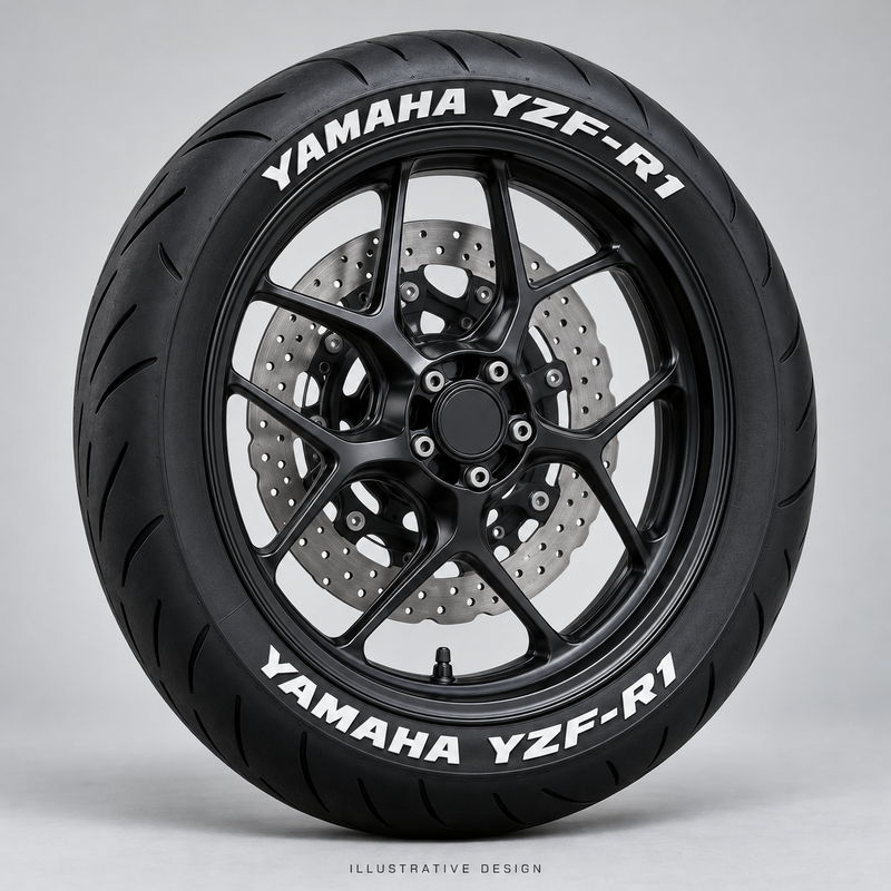 Illustrative YAMAHA YZF-R1 tire lettering mockup; not an actual installation photograph.