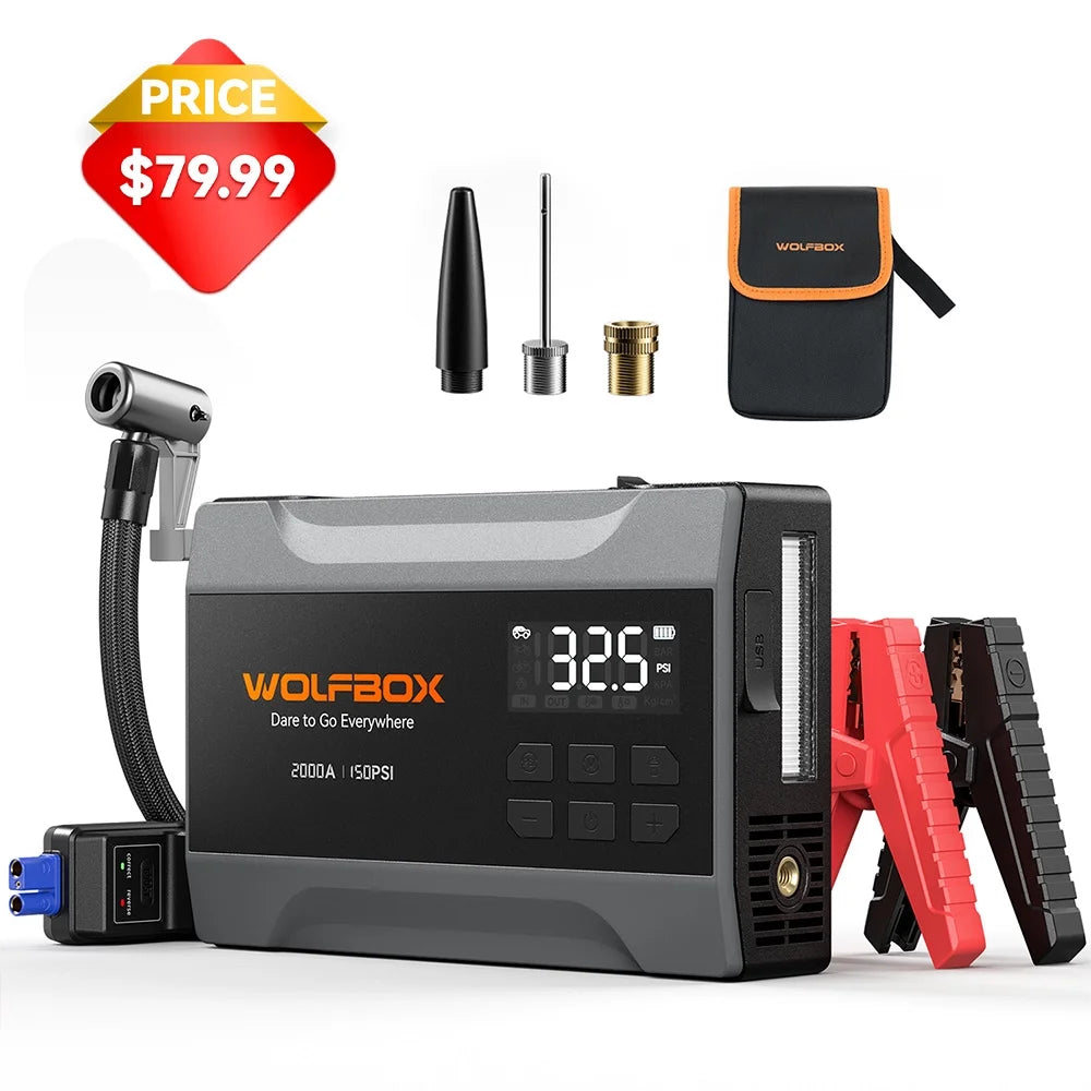 Car Jump Starter with Air Compressor, 2000A 150PSI Portable Car Battery Jump Box(5.0L Gas) with Digital Tire Inflator, 12V