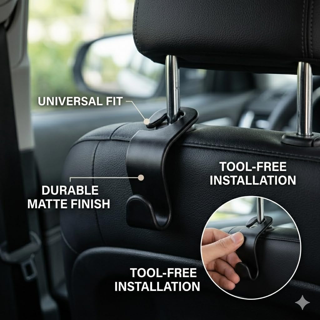 4-Pack Car Seat Headrest Hooks – Universal Backseat Bag Hangers
