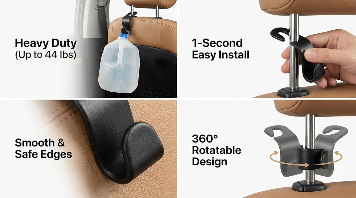 4-Pack Car Seat Headrest Hooks – Universal Backseat Bag Hangers