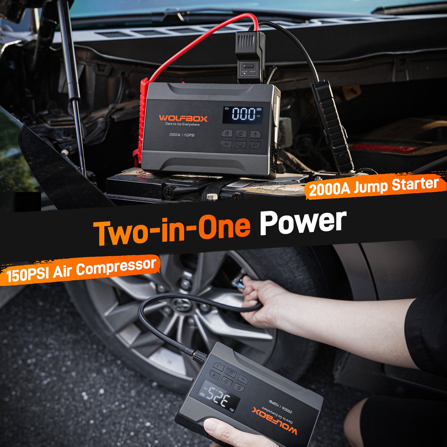 Car Jump Starter with Air Compressor, 2000A 150PSI Portable Car Battery Jump Box(5.0L Gas) with Digital Tire Inflator, 12V