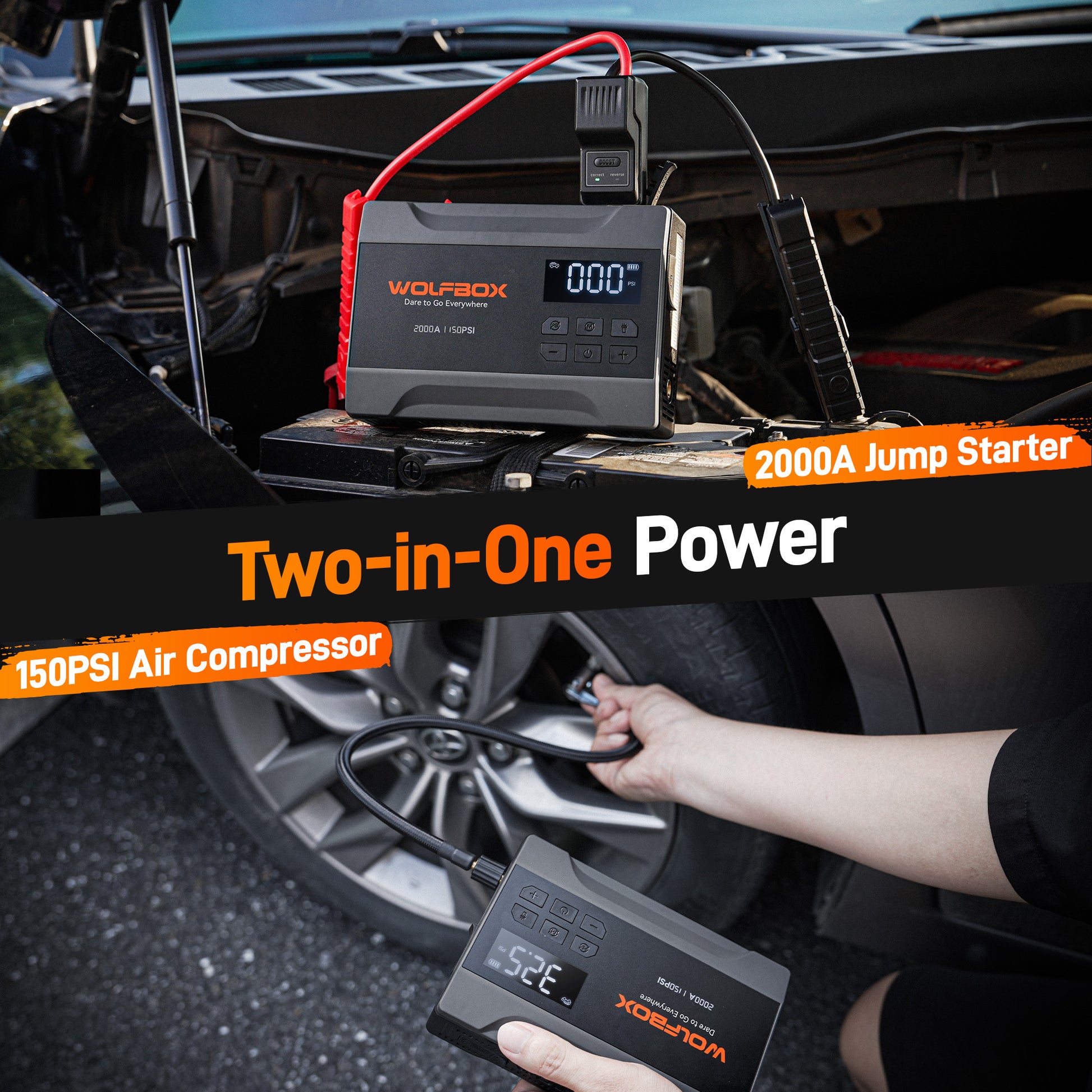 Car Jump Starter with Air Compressor, 2000A 150PSI Portable Car Battery Jump Box(5.0L Gas) with Digital Tire Inflator, 12V