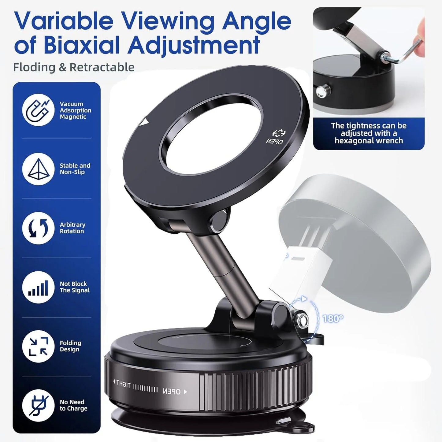 360° Foldable Magnetic Car Phone Holder with Vacuum Suction Base