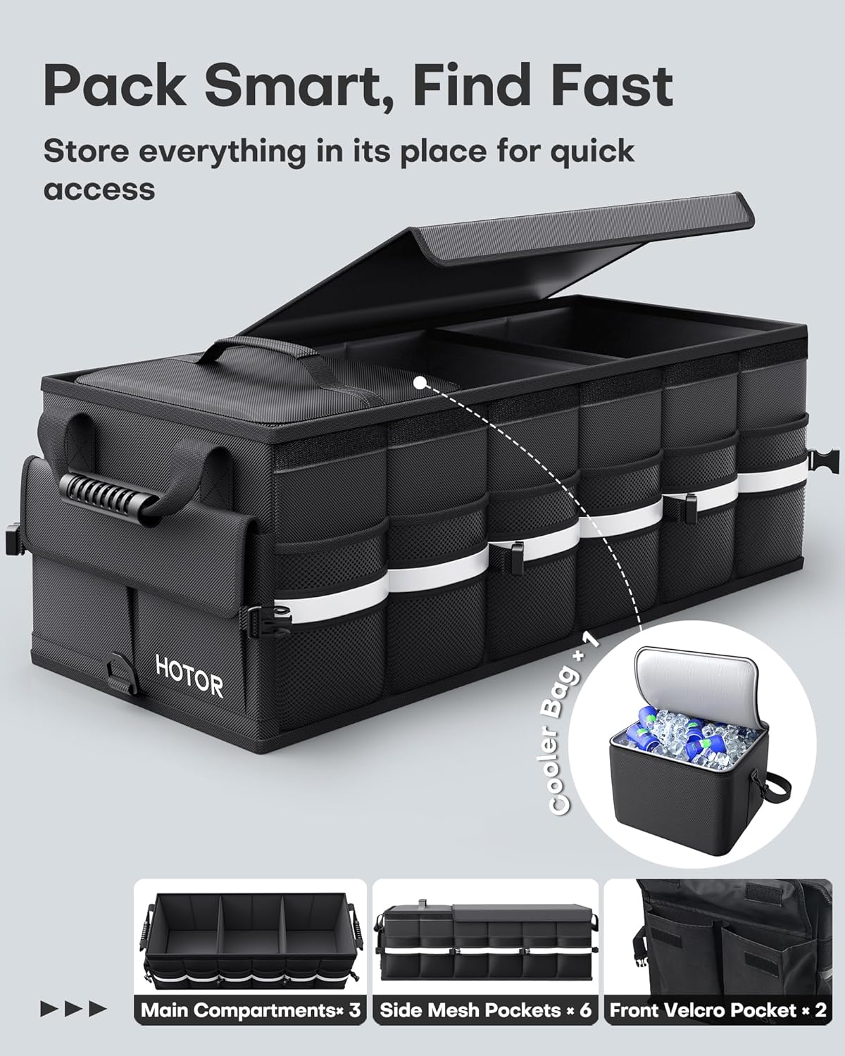 3-Compartment Foldable Trunk Organizer with Removable Cooler Bag