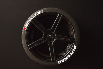 Bridgestone Potenza white tire stickers installed on tire