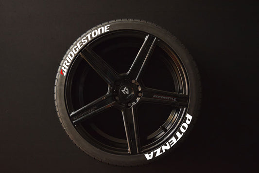 Bridgestone Potenza white tire stickers installed on tire