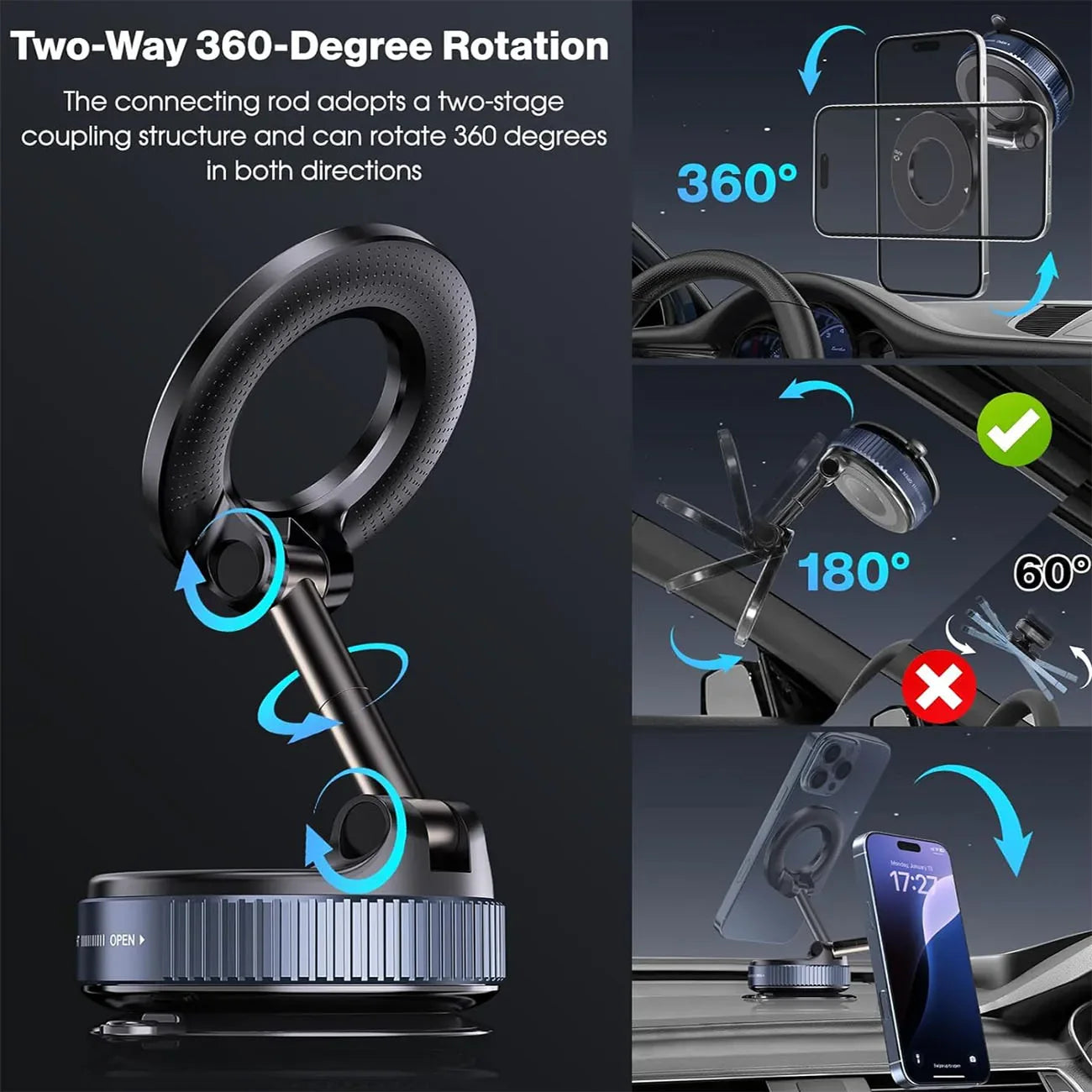 360° Foldable Magnetic Car Phone Holder with Vacuum Suction Base
