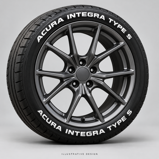 Illustrative ACURA INTEGRA TYPE S tire lettering mockup; not an actual installation photograph.