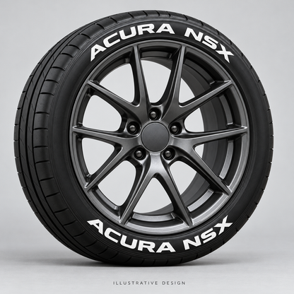 Illustrative ACURA NSX tire lettering mockup; not an actual installation photograph.