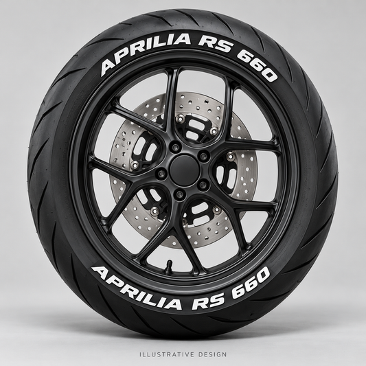 Illustrative APRILIA RS 660 tire lettering mockup; not an actual installation photograph.
