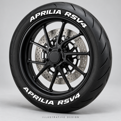 Illustrative APRILIA RSV4 tire lettering mockup; not an actual installation photograph.