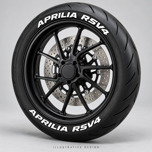 Illustrative APRILIA RSV4 tire lettering mockup; not an actual installation photograph.