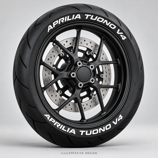 Illustrative APRILIA TUONO V4 tire lettering mockup; not an actual installation photograph.