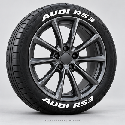 Illustrative AUDI RS3 tire lettering mockup; not an actual installation photograph.