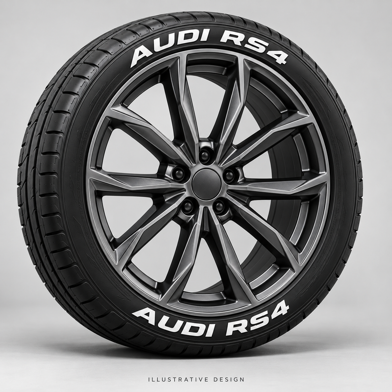 Illustrative AUDI RS4 tire lettering mockup; not an actual installation photograph.