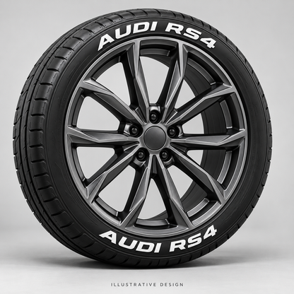 Illustrative AUDI RS4 tire lettering mockup; not an actual installation photograph.