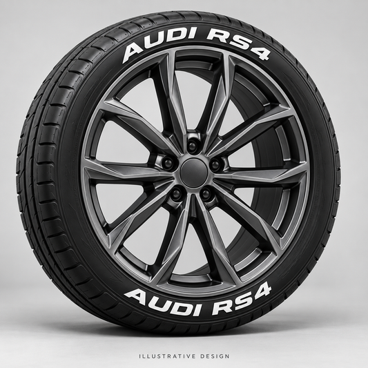 Illustrative AUDI RS4 tire lettering mockup; not an actual installation photograph.