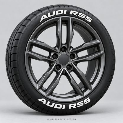 Illustrative AUDI RS5 tire lettering mockup; not an actual installation photograph.