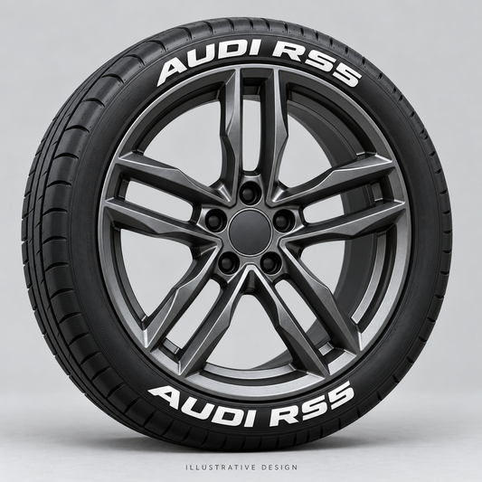 Illustrative AUDI RS5 tire lettering mockup; not an actual installation photograph.