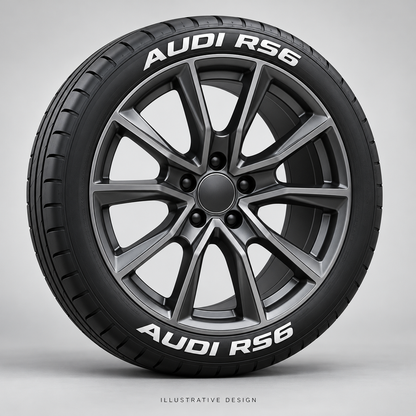 Illustrative AUDI RS6 tire lettering mockup; not an actual installation photograph.