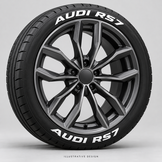 Illustrative AUDI RS7 tire lettering mockup; not an actual installation photograph.